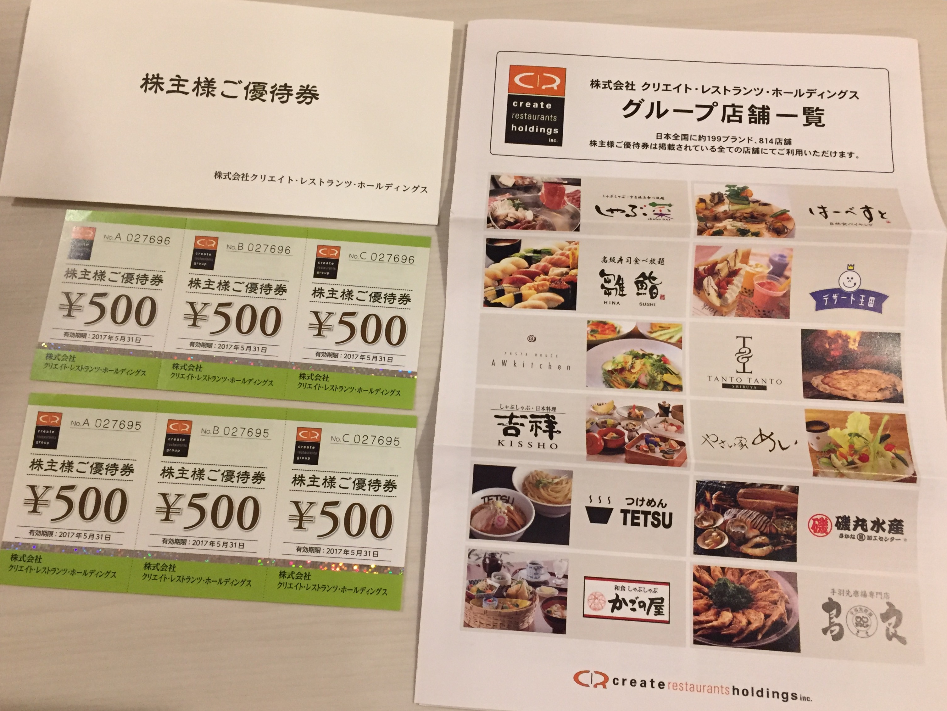 クリエイトレストランツ(3387)の株主優待が届いた。店舗数多くて使い